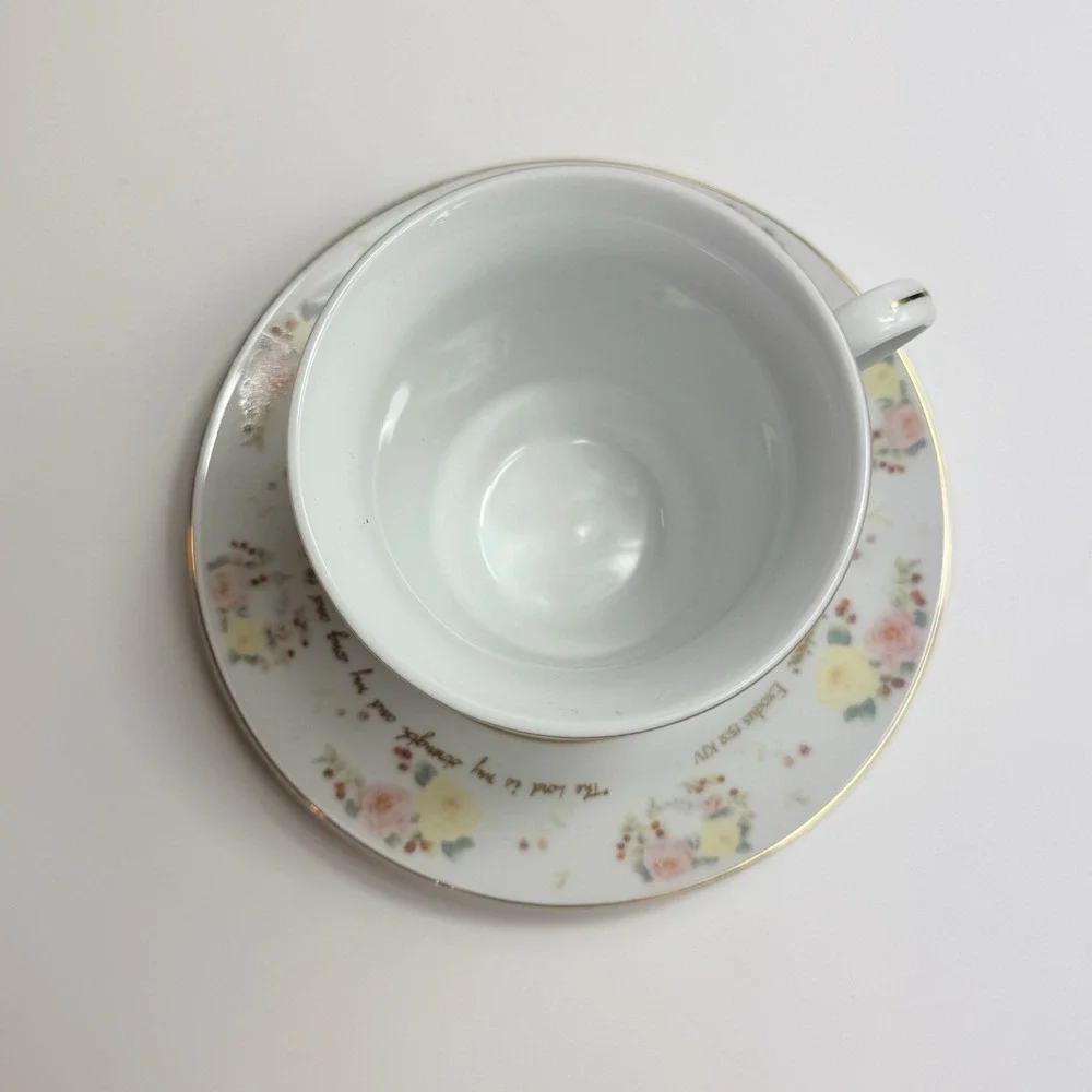Vintage DaySpring Scripture Teacup Saucer Set Exodus KJV Christian Floral Gold
